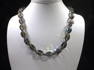 Vintage 1960s Smoky Gray AB Crystal Bead Necklace w/ Rhinestone Clasp 20"